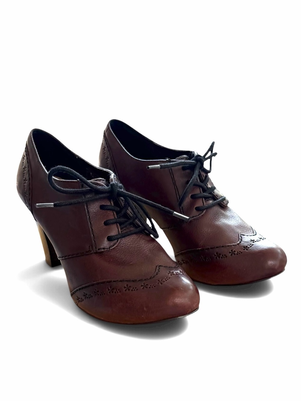Fossil Tamiko Wingtip Leather Oxfords Vintage Style Lace Up Heels Russet Brun W7